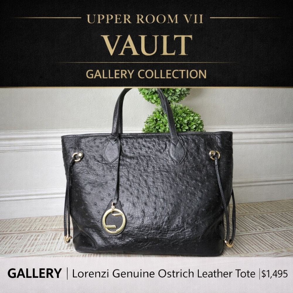 Lorenzi 50th Anniversary Genuine Ostrich Leather Tote – Black Gold Hardware.
